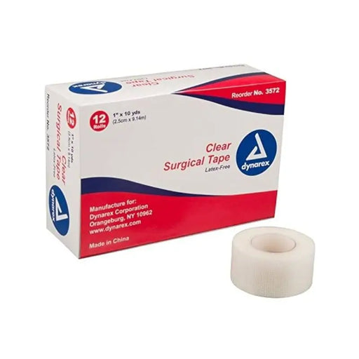 Box of Dynarex clear surgical tape with a roll of tape on a white background