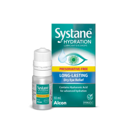 Systane Hydration eye drop bottle and packaging on a white background