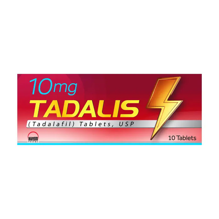 Box of Tadalis 10mg tablets on a white background