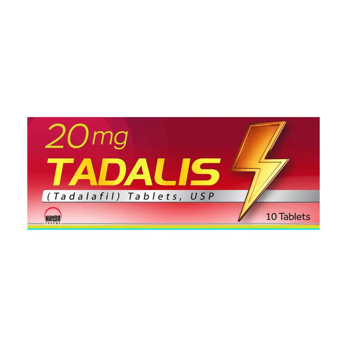 Box of Tadalis 20mg tablets with a lightning bolt symbol on a white background