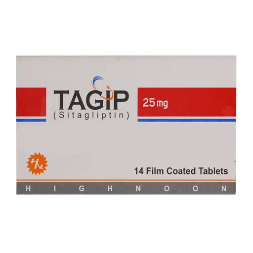 Box of Tagip (Sitagliptin) 25 mg film-coated tablets on a white background