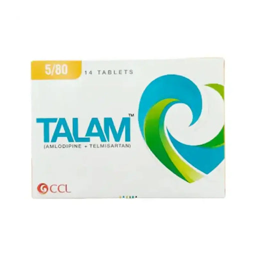 Box of Talam tablets with a blue and green logo on a white background