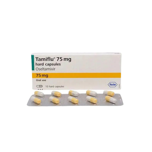 Box of Tamiflu 75 mg hard capsules with capsules on a white background