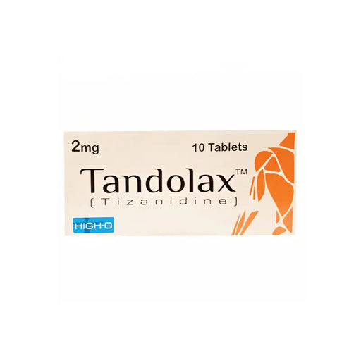 Box of Tandolax tablets with Tizanidine on a white background
