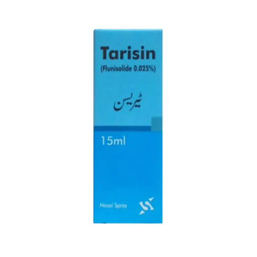 Blue packaging of Tarisin nasal spray with text on a white background