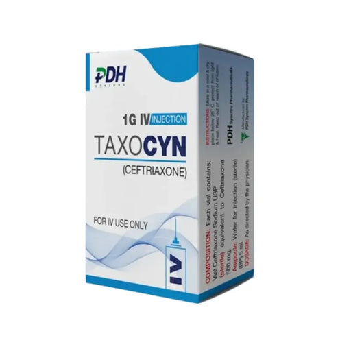 Box of Taxocyn (Ceftriaxone) IV injection with PDH branding on a white background