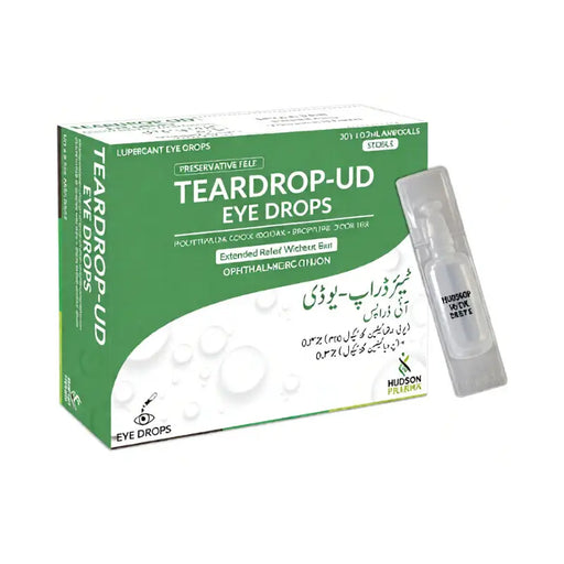 Teardrop UD eye drops packaging with green box and white dropper on a white background