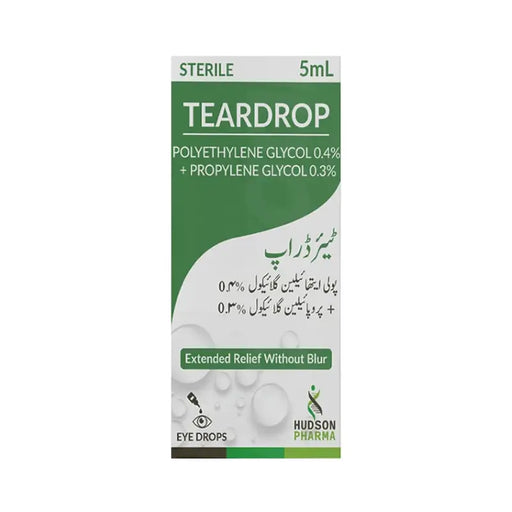 Teardrop eye drops packaging with Hudson Pharma branding on a white background