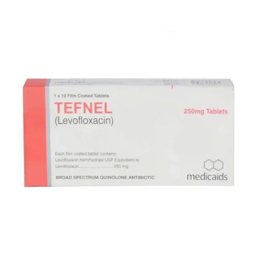 Box of Tefnel (Levofloxacin) 250mg Tablets by Medicaids on a white background