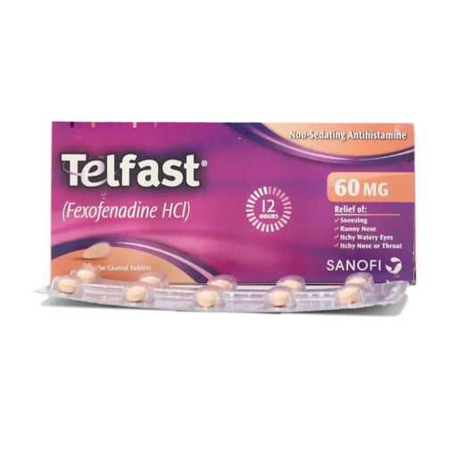 Telfast medication packaging with tablets on a white background