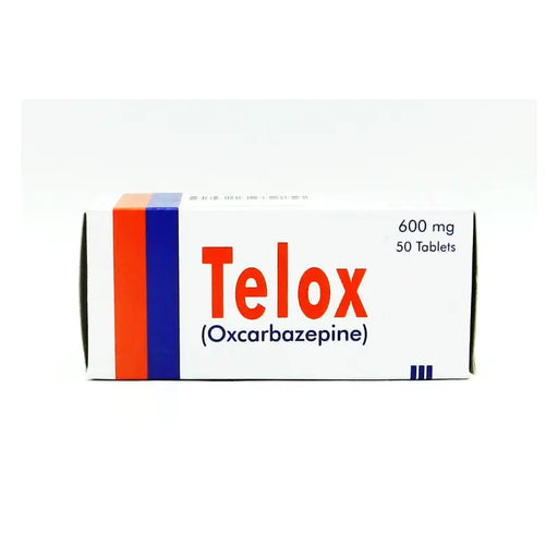 Box of Telox (Oxcarbazepine) tablets on a white background