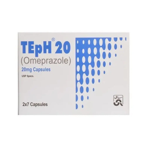 Box of TepH 20 (Omeprazole) capsules on a white background