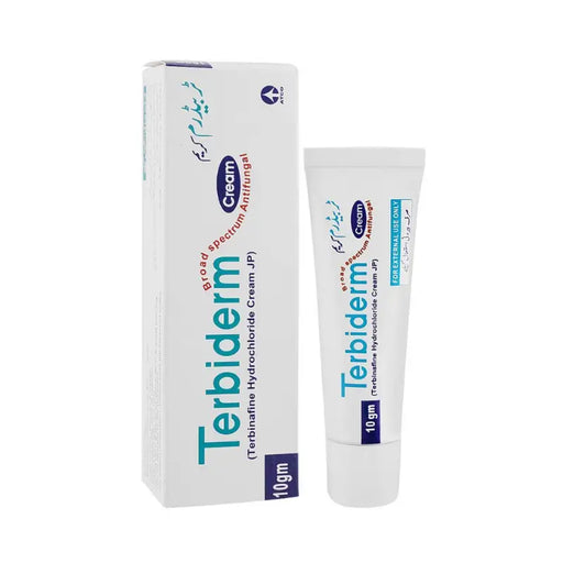 Terbiderm cream packaging including box and tube on a white background