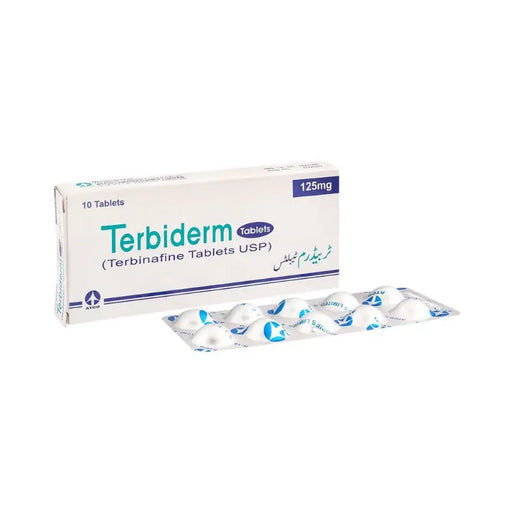 Box of Terbiderm tablets with 10 tablets on a white background