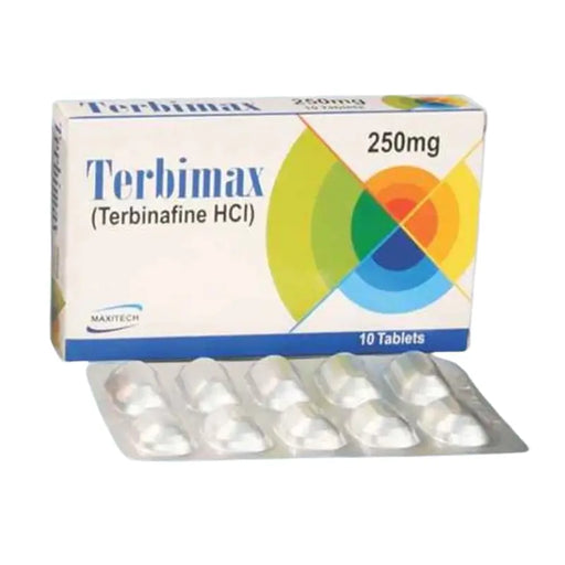 Box of Terbimax Terbinafine HCI 250mg tablets with 10 tablets on a white background