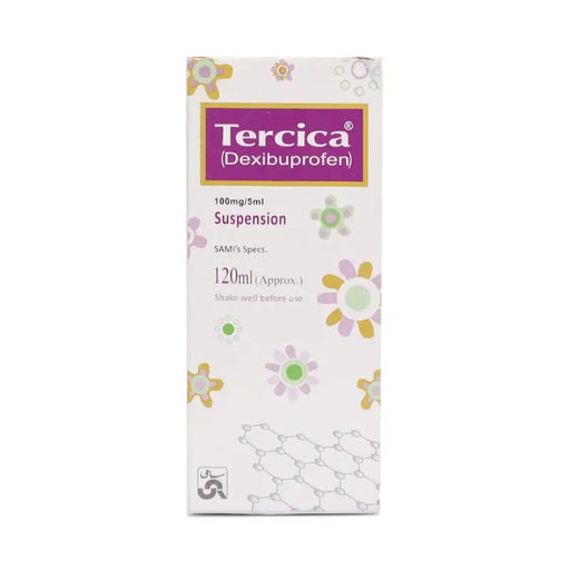 Tercica Dexibuprofen suspension packaging on a white background