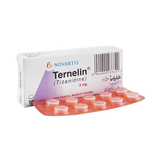 Box of Ternelin (Tizanidine) tablets with Novartis branding on a white background