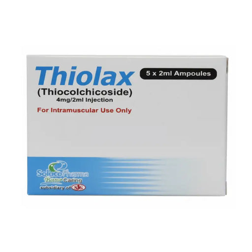 Thiolax injection packaging with blue and white design on a white background