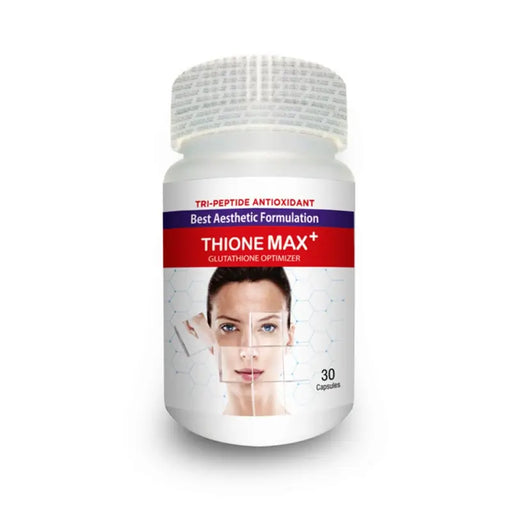 Thione Max+ supplement bottle with a woman's face on the label against a white background