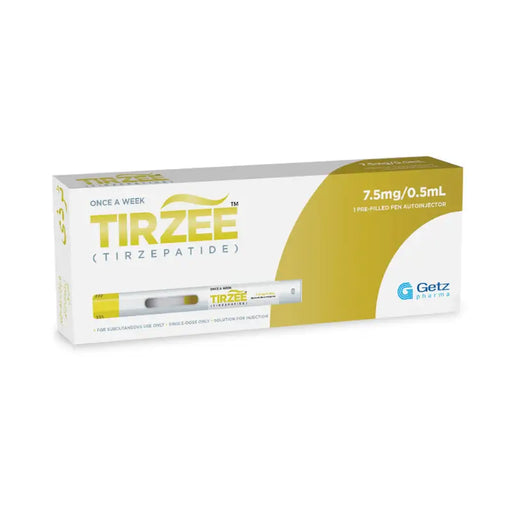 Box of Tirzee with a pen on a white background
