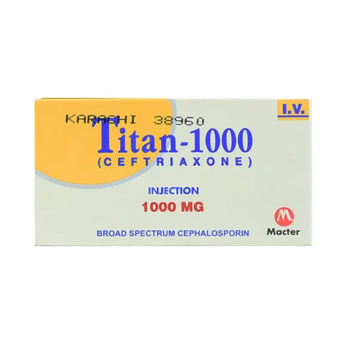 Box of Titan-1000 Ceftriaxone injection on a white background
