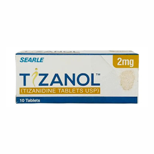 Box of Tizanol 2mg tablets with Searle branding on a white background