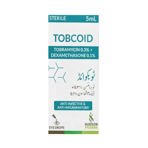 Tobcoid eye drops packaging with Hudson Pharma on a white background