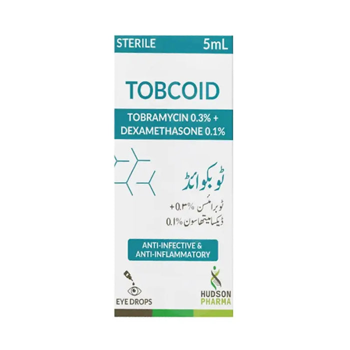 Tobcoid eye drops packaging with Hudson Pharma on a white background