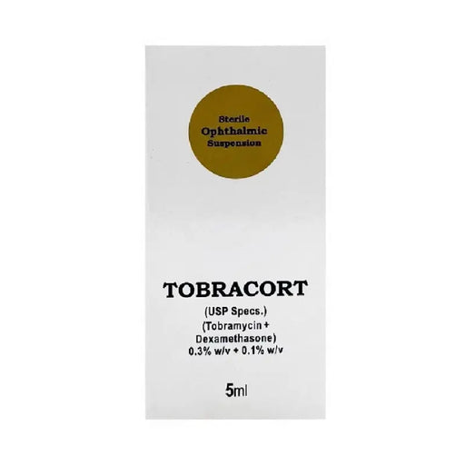 Tobracort ophthalmic suspension packaging with gold circle and white background