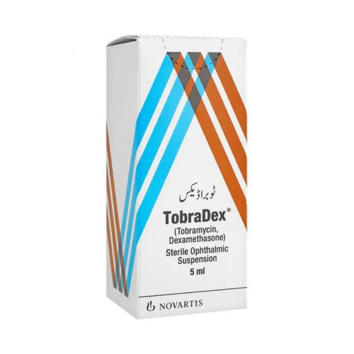 TobraDex eye drop container with Novartis branding on a white background