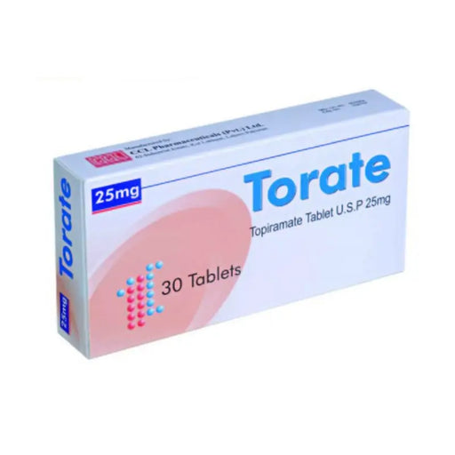 Box of Torate tablets with 25mg dosage on a white background