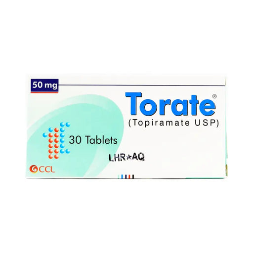 Box of Torate (Topiramate USP) tablets with 50 mg label on a white background