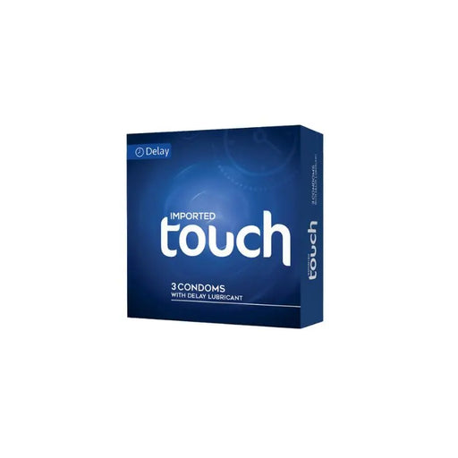 Box of Imported Touch condoms with delay lubricant on a white background