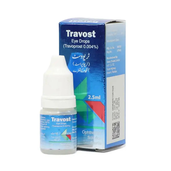Travost eye drops bottle and packaging on a white background