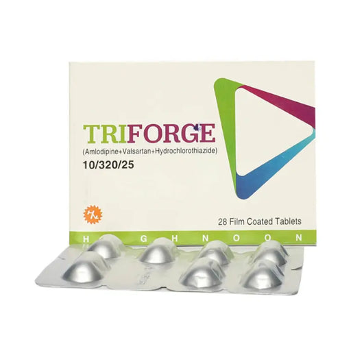 Packaging of TRIFORGE medication with silver tablets on a white background