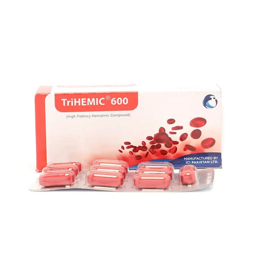 TriHemic 600 supplement packaging with red capsules on a white background