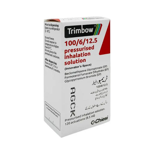 Box of Trimbow pressurised inhalation solution on a white background