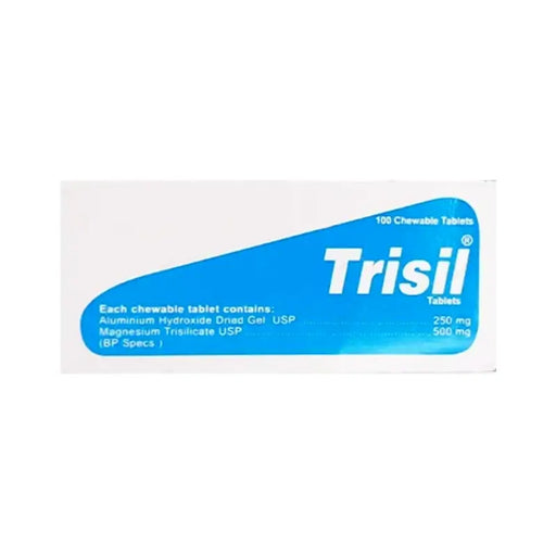 Trisil tablet packaging with blue and white design on a white background