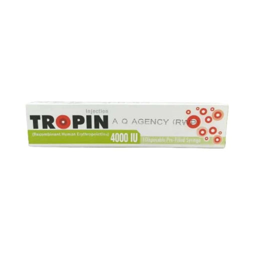 Tropin injection packaging with branding on a white background