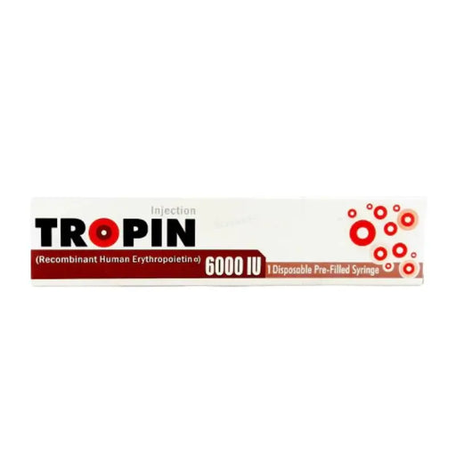 Tropin injection packaging with red and black text on a white background