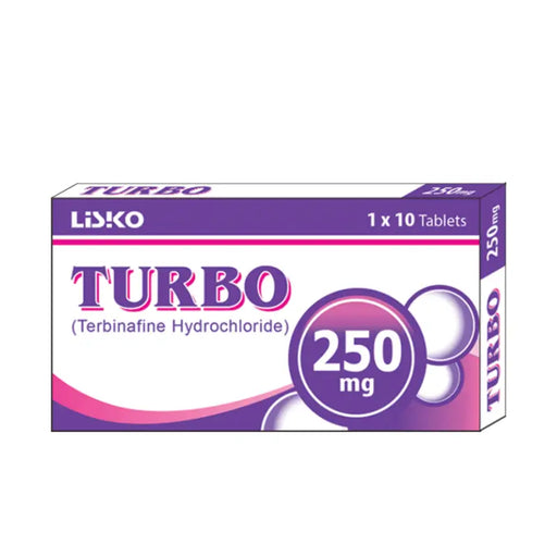 Box of Lisko Turbo Terbinafine Hydrochloride 250 mg tablets on a white background