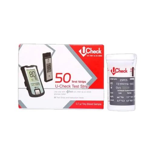 U-Check test strip packaging with a digital device on a white background