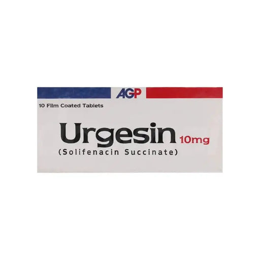 Box of Urgesin 10mg tablets with AGP branding on a white background