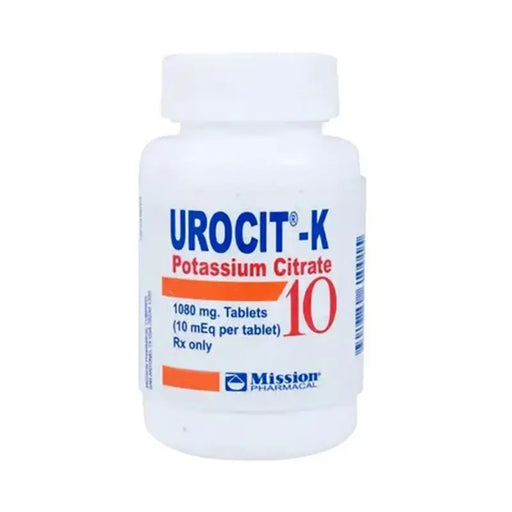 Bottle of Urocit-K Potassium Citrate 10 with Mission Pharmacal branding on a white background