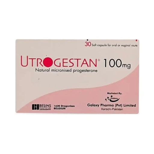 Box of Utrogestan 100mg capsules with branding and product details on a white background