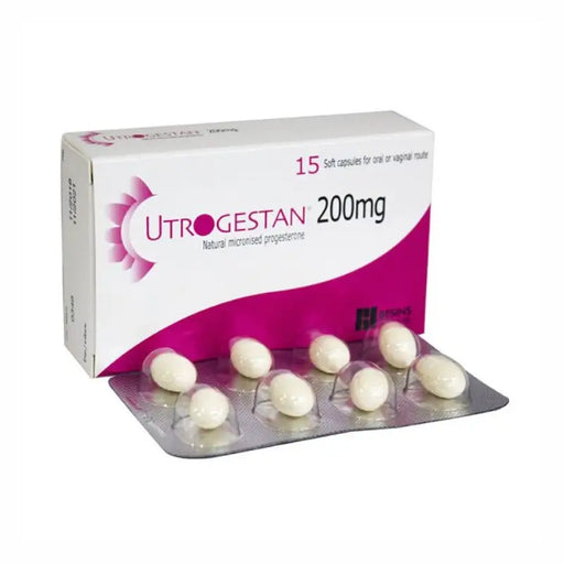 Box of Utrogestan 200mg soft capsules with white capsules on a white background