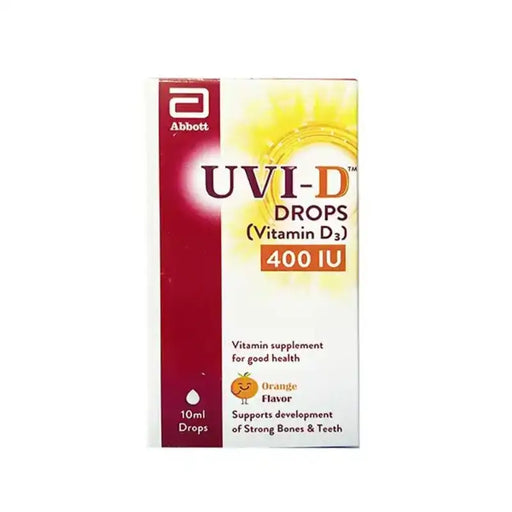 Box of UVI-D Drops Vitamin D3 400 IU by Abbott on a white background