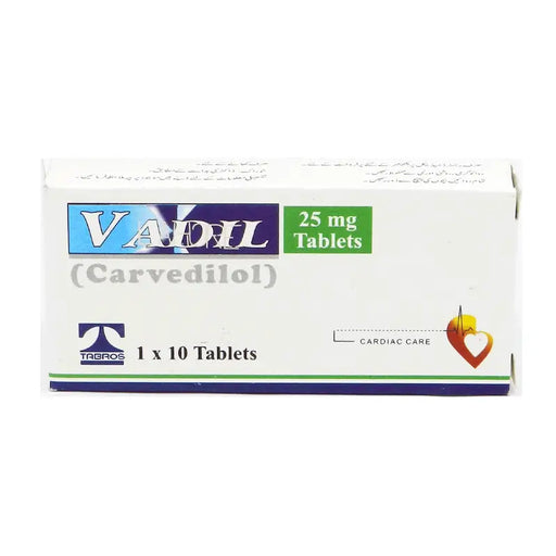 Box of Vadil 25 mg Tablets with branding on a white background