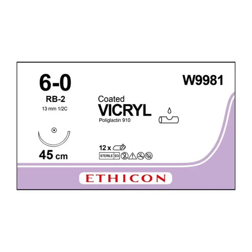 Ethicon Vicryl suture package with specifications on a white background