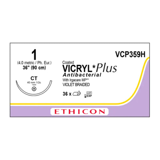 Vicryl Plus Antibacterial surgical suture package with Ethicon branding.